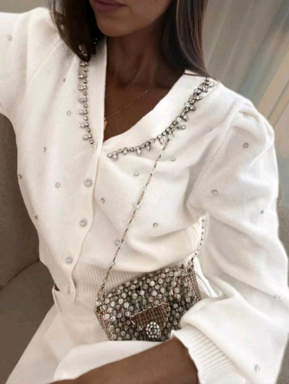 Elegant High-End Fashion Women's Long Sleeve V-Neck White Cardigan
